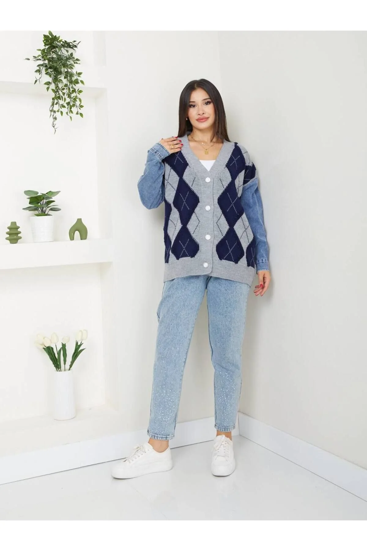 HAVLU DESEN KOT CEKET - GRİ LACİVERT / Standart