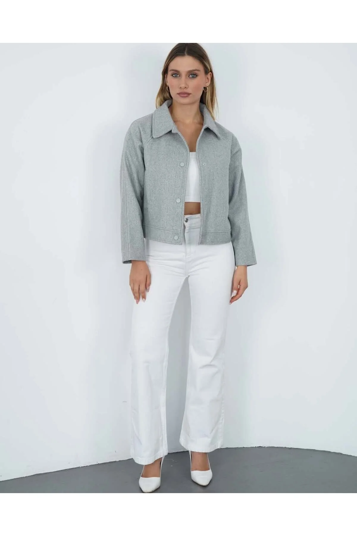 REGLAN KISA KOL KAŞE CEKET (Cepli, Astarlı) - Gri / 36