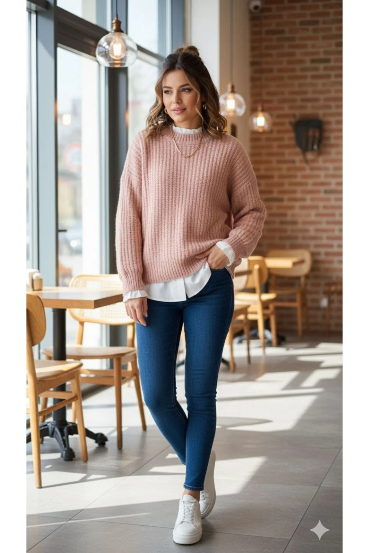Oversize Fit Örgülü Triko Kazak – Likralı, Yün Karışımlı, Standart Beden - Pembe / Standart