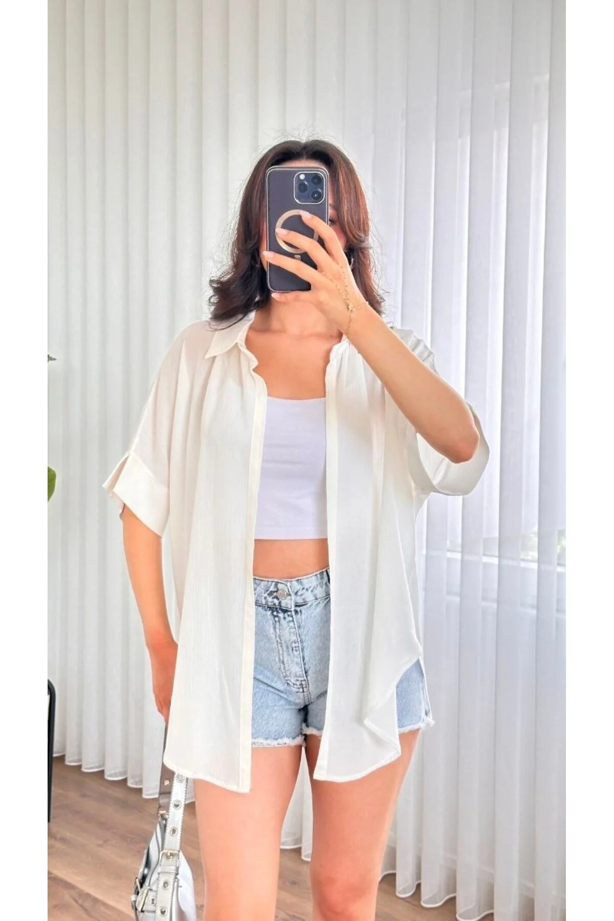 Standart Beden %100 Viskoz Yan Yırtmaçlı Kısa Kollu Kadın Kimono - Ekru / Standart