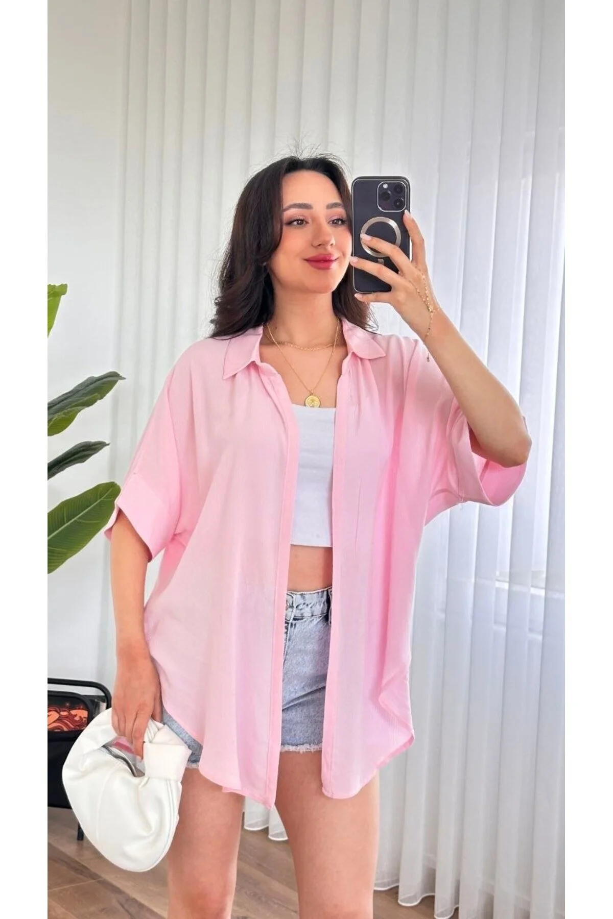 Standart Beden %100 Viskoz Yan Yırtmaçlı Kısa Kollu Kadın Kimono - Pembe / Standart